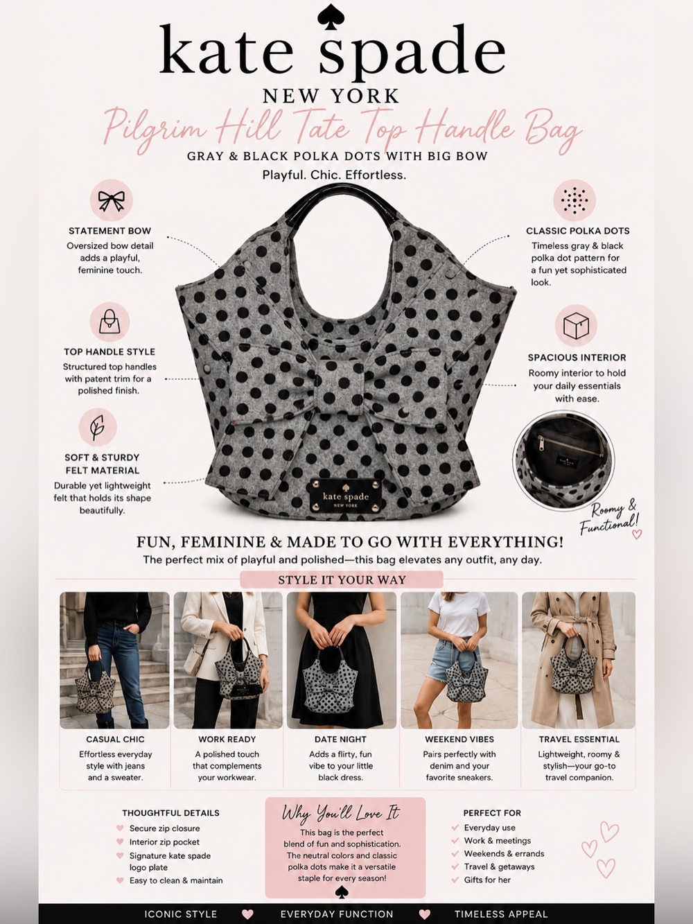Kate Spade NY Pilgrim Hill Tate top handle bag Gray Black Polka dots & big bow